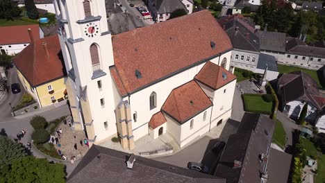 Bird's-eye-view-Drone-flies-by-a-church-in-Austria---Steinakirchen-am-Forst