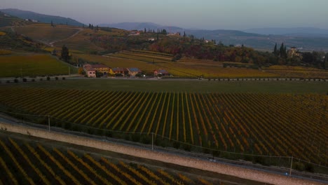 Scenic-yellow-and-green-vineyard-fields-on-hills-in-Valpolicella,-Verona,-Italy-in-autumn-after-harvest-of-grapes-for-red-wine-by-sunset-surrounded-by-traditional-farms