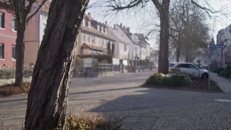 Wide-shot-of-a-cobblestone-street-in-a-small-german-town