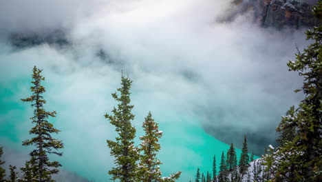Time-Lapse,-Clouds-Moving-and-Disappearing-Above-Aqua-Blue-Water-of-Lake-Louise,-Banff-National-Park,-Alberta,-Canada