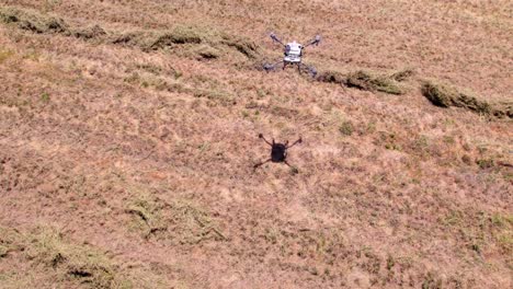 Eine-Weiße-Landwirtschaftliche-Drohne,-Die-An-Einem-Sonnigen-Tag-Kurz-Vor-Der-Landung-über-Die-Felder-Fliegt-Und-Das-Gras-Mit-Dem-Wind-Bewegt,-Den-Sie-Erzeugt,-Lufttechnische-Ausrüstung