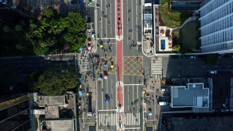 Beautiful-aerial-drone-top-down-bird's-eye-ascending-shot-of-the-famous-Paulista-Avenue-in-the-center-of-São-Paulo-with-large-skyscrapers-surrounding-a-closed-off-street-with-crowds-of-people-walking
