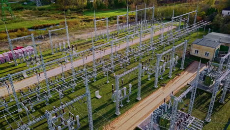 Electrical-power-substation-with-pylon-tower-and-transformer
