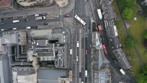 Aerial-top-down-view-of-morning-traffic-in-Edinburgh,-Scotland
