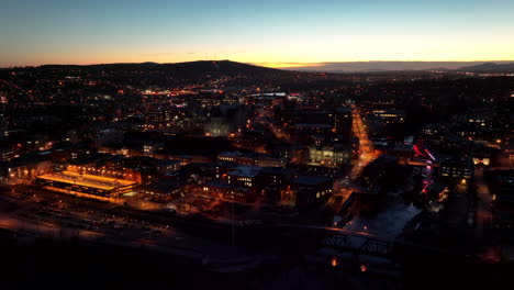 Panoramic-View-Of-Sherbrooke-City-At-Night-In-Canada---aerial-drone-shot