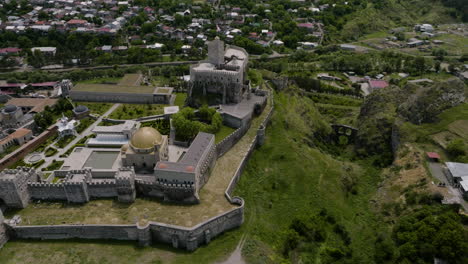 Aerial-View-Of-Ahmediyye-Mosque-With-Restored-Historical-Castle-And-Museum-In-Akhaltsikhe,-Georgia