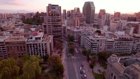 Aerial-drone-view-of-Bellas-Artes-Neighborhood-in-Santiago-at-sunset