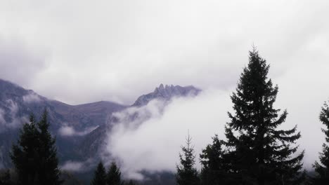 Panning-left-right-shot-of-a-misty-mountain-ridge-with-pine-trees-in-the-foreground