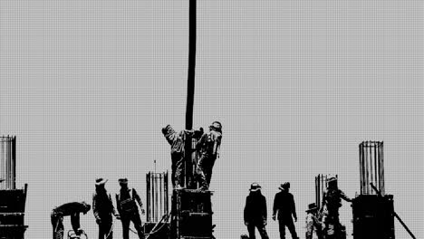 Silhouette-stylized-concept-of-construction-workers-on-scaffolding-working-on-industrial-construction-site-directing-cement-pouring-into-casting-mold