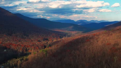Aerial-drone-video-footage-of-the-magical,-beautiful-Appalachian-Mountains-during-fall-autumn-with-beautiful-golden-light-and-skies