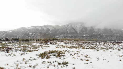 Winterscape-Snow-Covered-Field-And-Rocky-Mountains-Range-Near-Estes-Park,-Colorado-USA