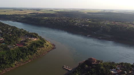 Aerial-view-of-triple-border-river-connecting-three-Countries-named-Argentina,-Brazil-and-Paraguay