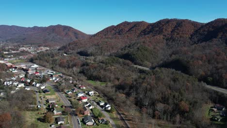 Aerial-View-of-Gate-City-by-US-Route-58,-Small-Town-in-Virginia-USA-on-Sunny-Autumn-Day,-Drone-Shot