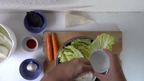 Typischer-Kimchi-Herstellungsprozess,-Männliche-Hände,-Die-Salz-Auf-Kohl-Auftragen