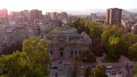 Aerial-front-view-of-National-fine-arts-museum-with-old-architecture-in-Santiago-city,-Chile