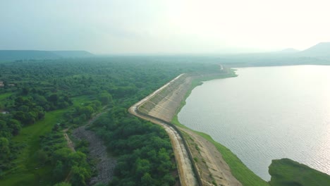 Aerial-Drone-shot-of-a-Dam-or-Reservoir-at-Pagara-Dam-,-Morena