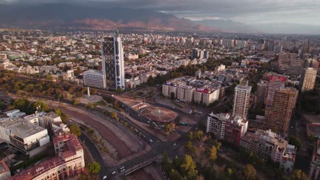 Aerial-View-Over-Plaza-Banquedano-Urban-Santiago-De-Chile-Downtown-Square-Baquedano-Cityscape-Skyline