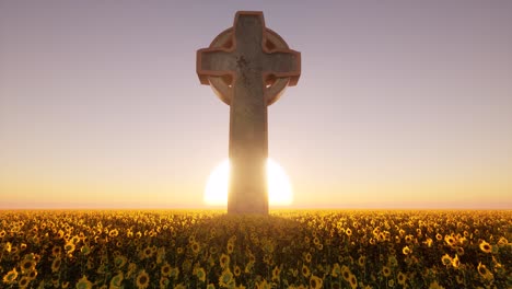 Large-medieval-style-cross-on-a-sunflowers-field-with-the-sunset-behind-it,-3D-animation-camera-dolly-forward-slowly