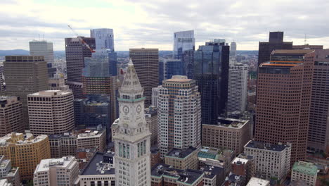 Downtown-Boston,-Massachusetts-city-skyline---scenic-aerial-view-on-an-overcast-day