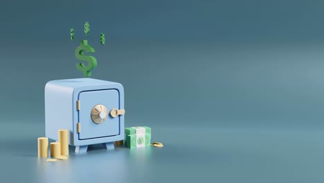 Caja-Fuerte-Con-Billetes-Y-Monedas-Sobre-Fondo-Azul-Con-Espacio-De-Copia