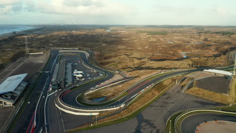 Race-Circuit-In-Zandvoort,-The-Netherlands---aerial-drone-shot