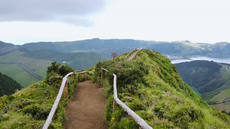 Walking-on-Hiking-Trail-Boca-do-Inferno-in-Sete-Cidades-Crater-Massif,-Azores