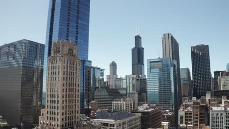 Chicago,-Illinois-skyline-close-up-with-drone-video-panning-left-to-right