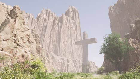 A-large-cross-between-huge-steep-cliffs,-with-grass-and-bushes-around-it,-3D-animation-camera-dolly-left-slowly