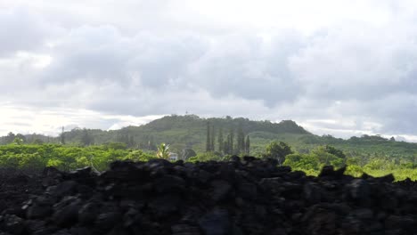 Wide-establishing-shot-of-Hawaii-Big-Island-with-hardened-lava-rock-and-green-forested-jungle-on-an-overcast-but-sunny-day
