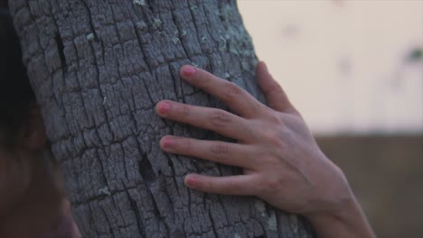 Nahaufnahme-Der-Hand-Einer-Jungen-Frau,-Die-Auf-Einem-Baum-Ruht
