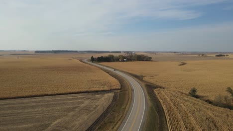 Aerial-Shot-of-Car-Driving-on-Road-Between-Cornfields-during-Late-Fall