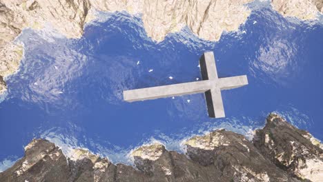 A-large-stone-cross-lying-on-the-sea-between-large-steep-cliffs,-and-seagulls-flying-above-it,-3D-animation-with-camera-dolly-downward
