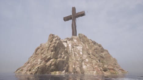A-large-wooden-cross-standing-upon-a-large-cliff-in-the-middle-of-the-sea,-with-rain-falling,-3D-animation-with-static-camera