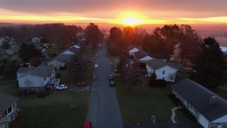 Aerial-establishing-shot-of-American-homes-in-USA-at-sunrise
