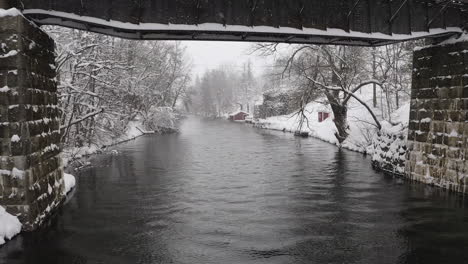 Drone-flying-under-a-small-bridge-over-a-cold-river-on-a-snowy-winter-day-in-Sweden