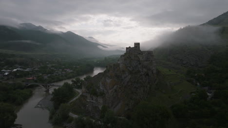 Dramatic-View-Of-Atskuri-Fortress-Remains-Against-Overcast-Sky-In-Samtskhe-Javakheti,-South-Georgia