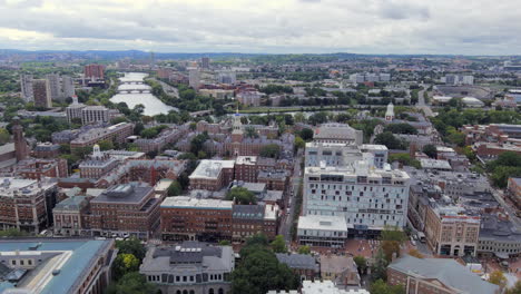 Aerial-view-of-a-large-part-of-Harvard-University-located-in-the-city-of-Cambridge,-Massachusetts,-USA