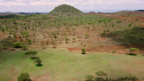Border-of-plowed-farmland-and-wilderness-of-African-savanna-in-Southern-Kenya,-aerial