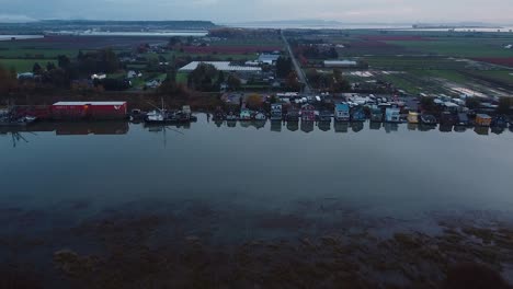 Aerial-Fisher-Village-Waterfront,-Ladner-BC