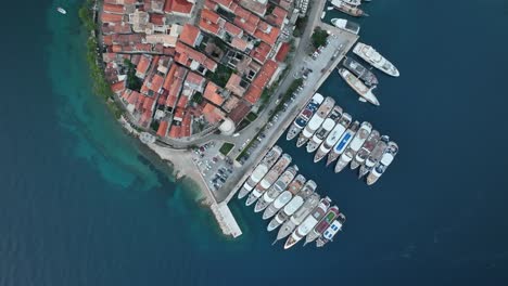 A-top-down,-aerial-view-over-Korcula-Old-Town-at-Sunrise