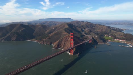 Aerial-view-of-the-Marin-headlands-and-the-famous,-red-Golden-gate-bridge---orbit,-drone-shot