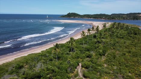 Coastal-Drone-shot-flying-Past-Palm-Trees-with-Lighthouse-in-the-Distance