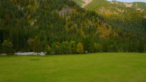 Karwendel-alpine-park,-Tyrol,-Austria-grassland-aerial-view-rising-up-woodland-mountain-slope