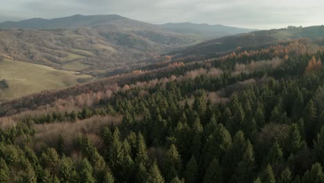 An-aerial-drone-footage-of-a-countryside-with-beautiful-mountains-in-the-background-in-late-autumn