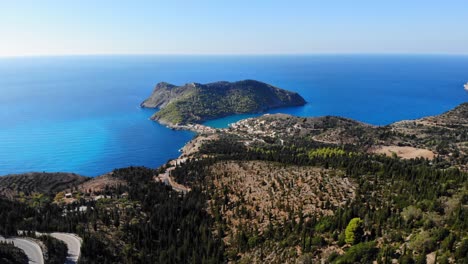 Beautiful-Greek-Landscape-Of-Lush-Green-Forest-And-Blue-Sea---aerial-shot