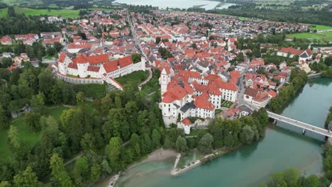 Fussen-town-and-river-lech-Bavaria-Germany-high-angle-drone-aerial-view