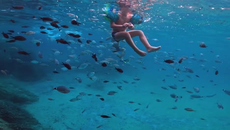 Underwater-view-of-toddler-swimming-with-inflatable-armbands-in-middle-of-big-school-of-fish-in-deep-blue-water,-Slow-motion