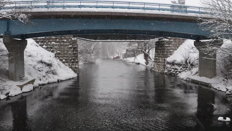 Drone-shot-of-a-snow-covered-bridge-in-Sweden