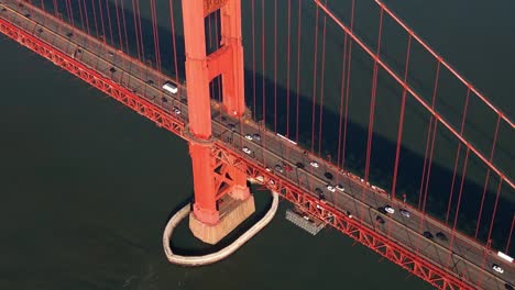 Aerial-view-around-traffic-on-the-Golden-gate-bridge---high-angle,-drone-shot