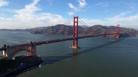 Aerial-view-of-the-Golden-gate-bridge,-in-California---rising,-pan,-drone-shot